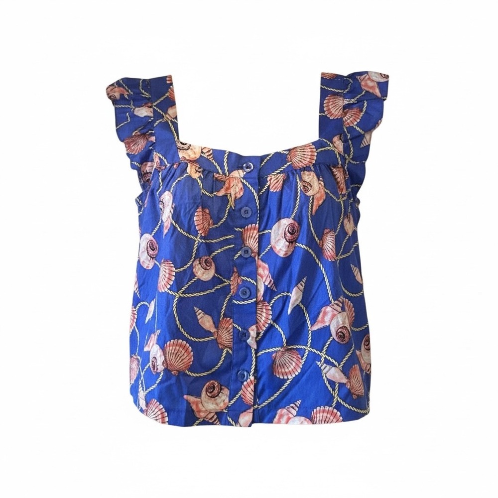 NWT 77 Park Blue Seashell Coastal Resort Ruffle Strap Button Front Top‎ XL
